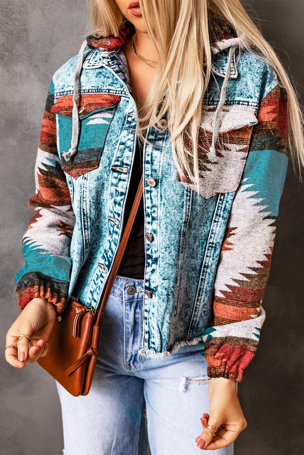 Aztec Denim Patchwork Hooded Jacket
