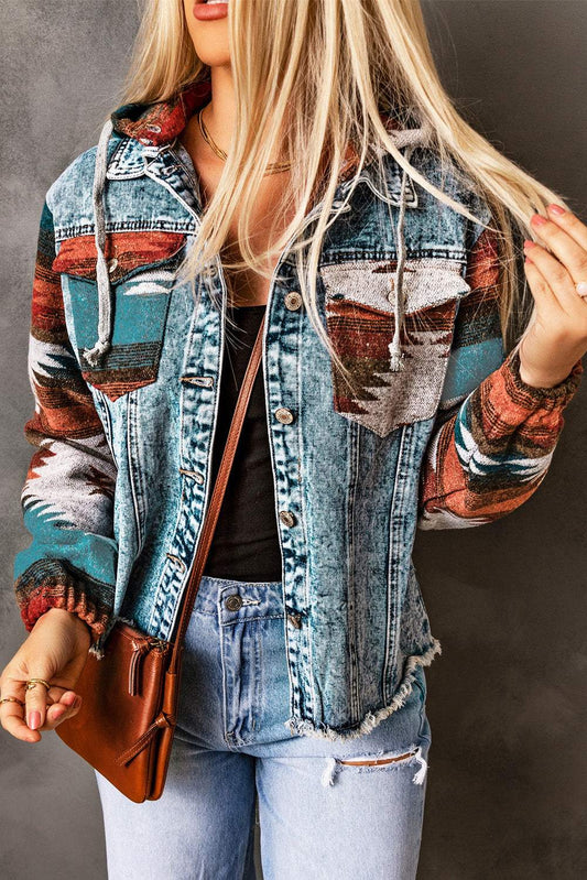 Aztec Denim Patchwork Hooded Jacket
