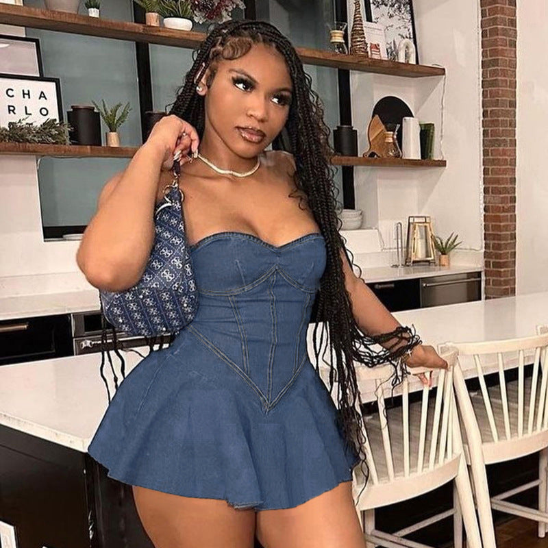 Summer Sheath A Line Sexy Tube Top Imitation Denim Dress Women