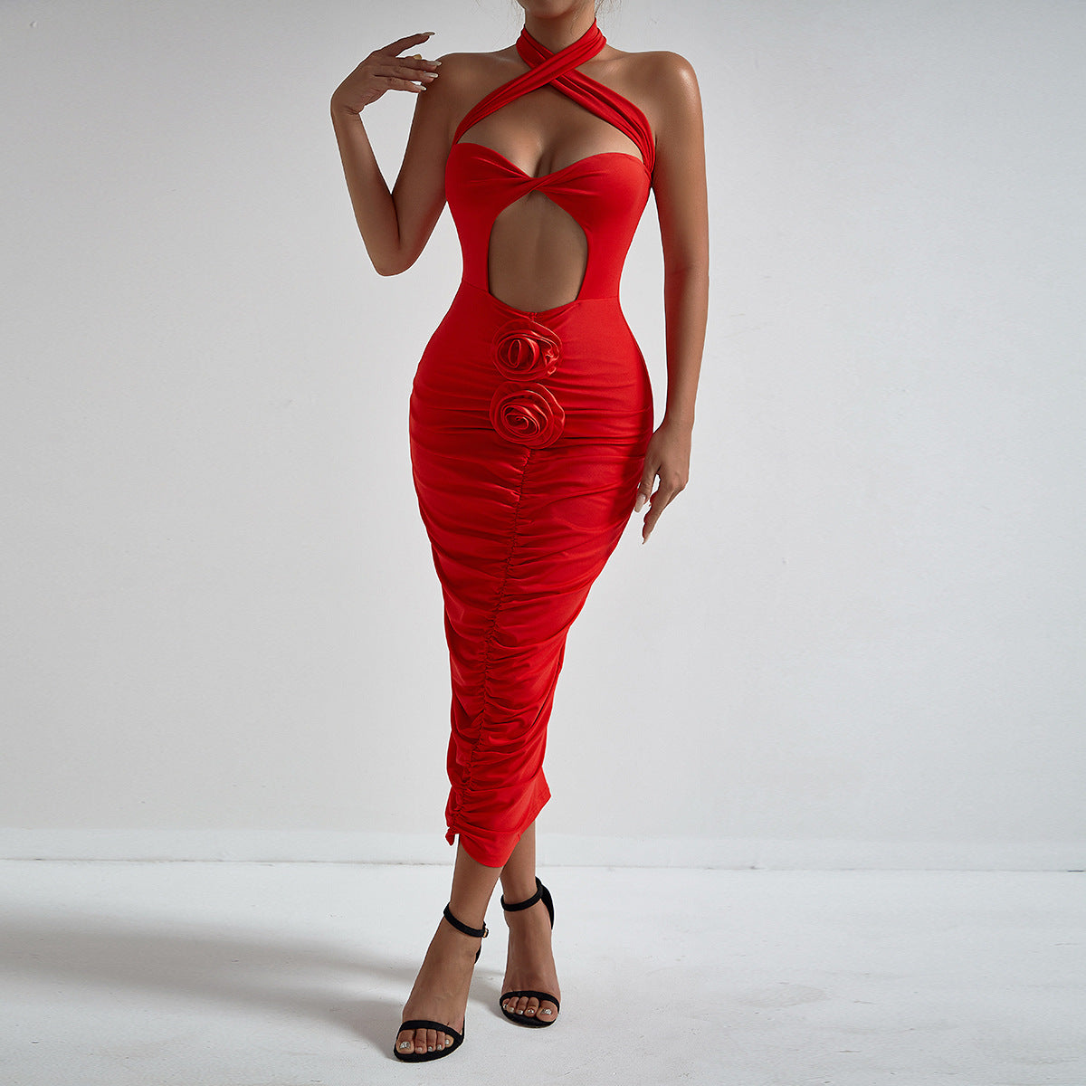Fashionable Floral Cross Halter Hollow Out Cutout Sexy Chest lattering Dress Elegant Holiday Pleated Hip Dress for Women