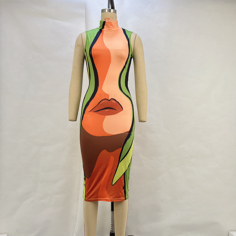Women Clothing Casual Turtleneck Sleeveless Body Lip Printings Slim Dress Women