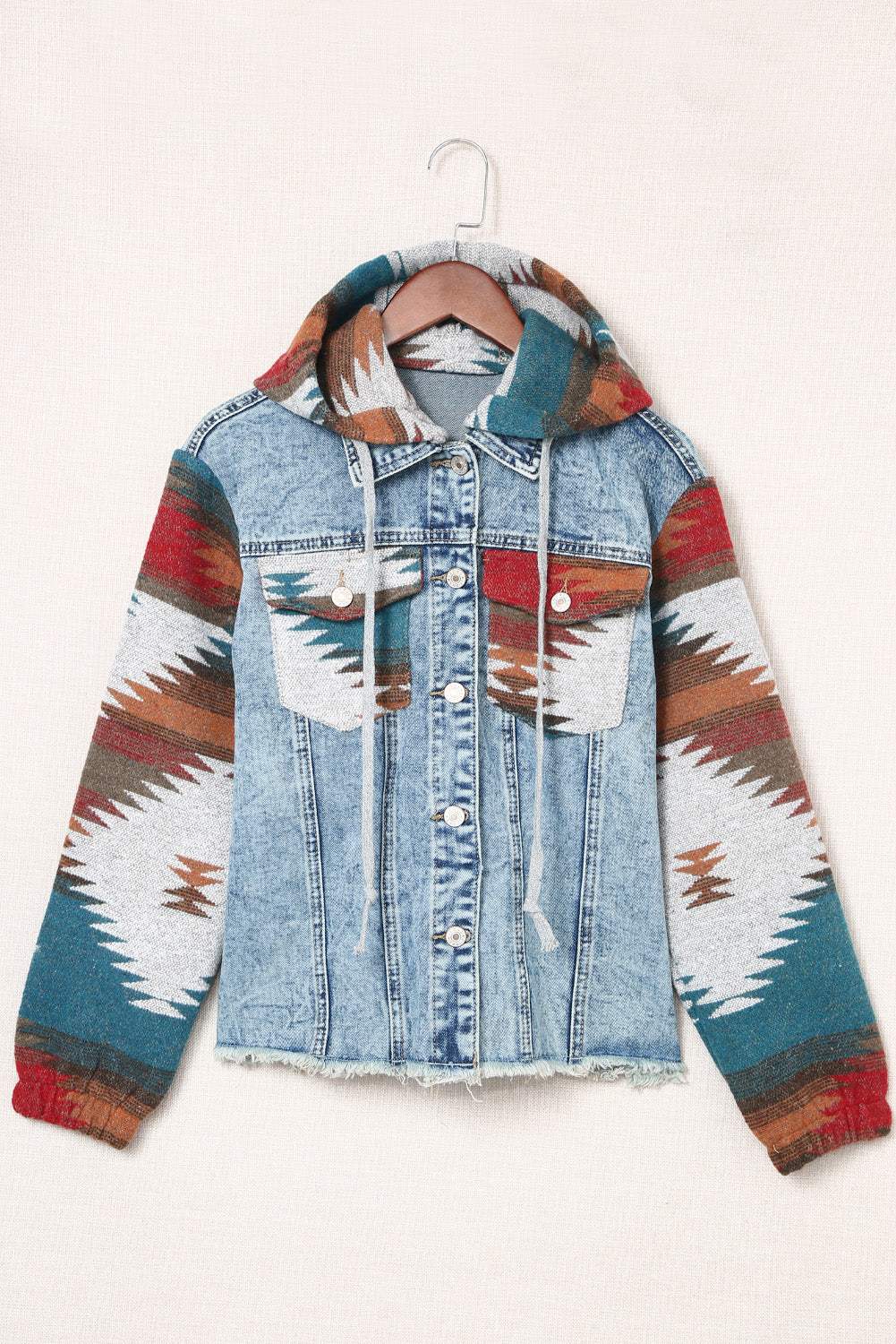 Aztec Denim Patchwork Hooded Jacket